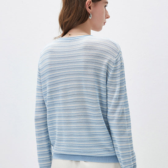 COMOBOCA Women's Striped Mesh Knit Round Neck Sweater