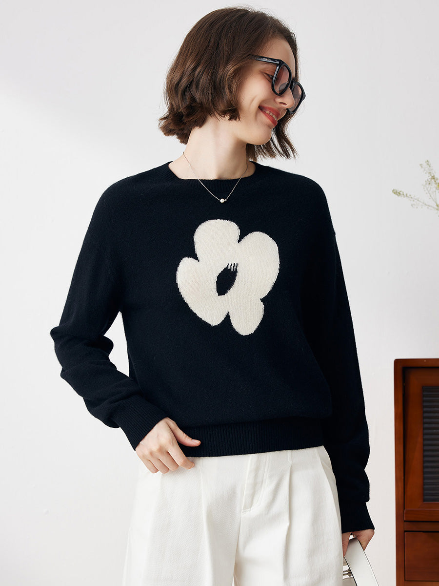 COMOBOCA 100% Cashmere Women's Floral Knit Sweater