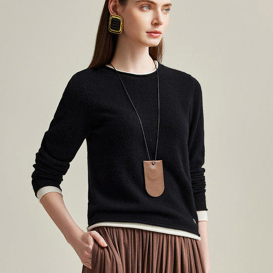 COMOBOCA Black 100% Cashmere Women's Sweater with Contrast Trim