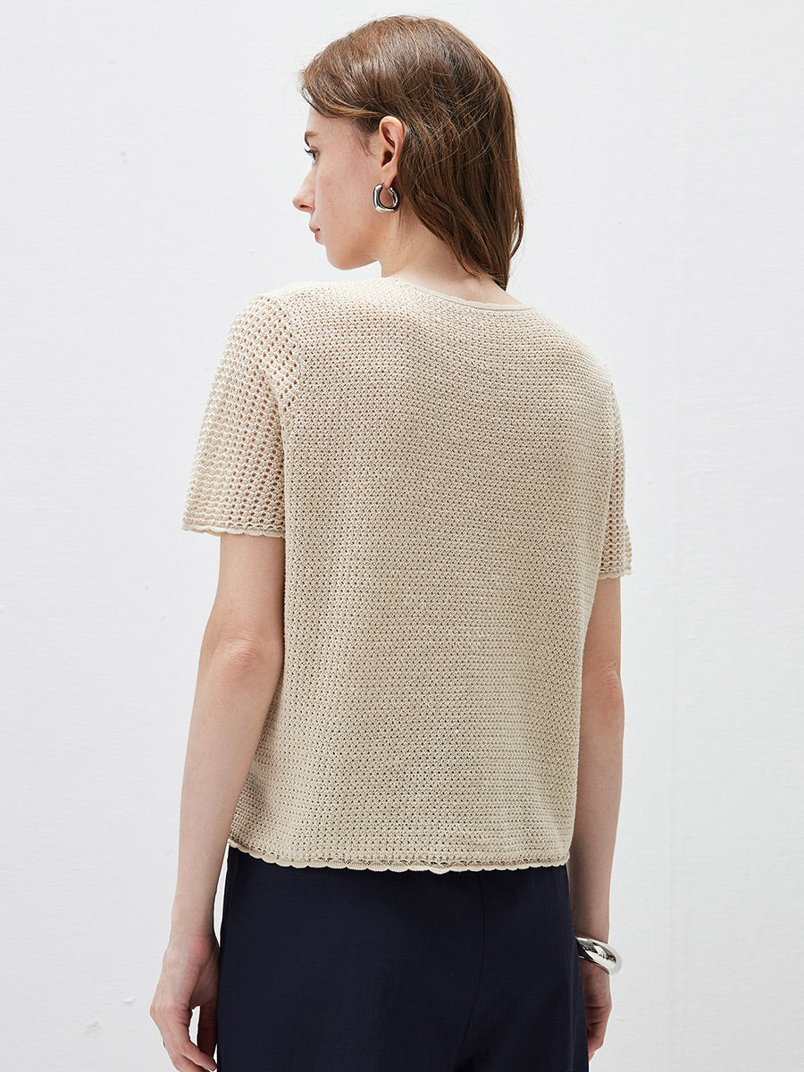COMOBOCA Women's Openwork Round Neck Knit T-Shirt
