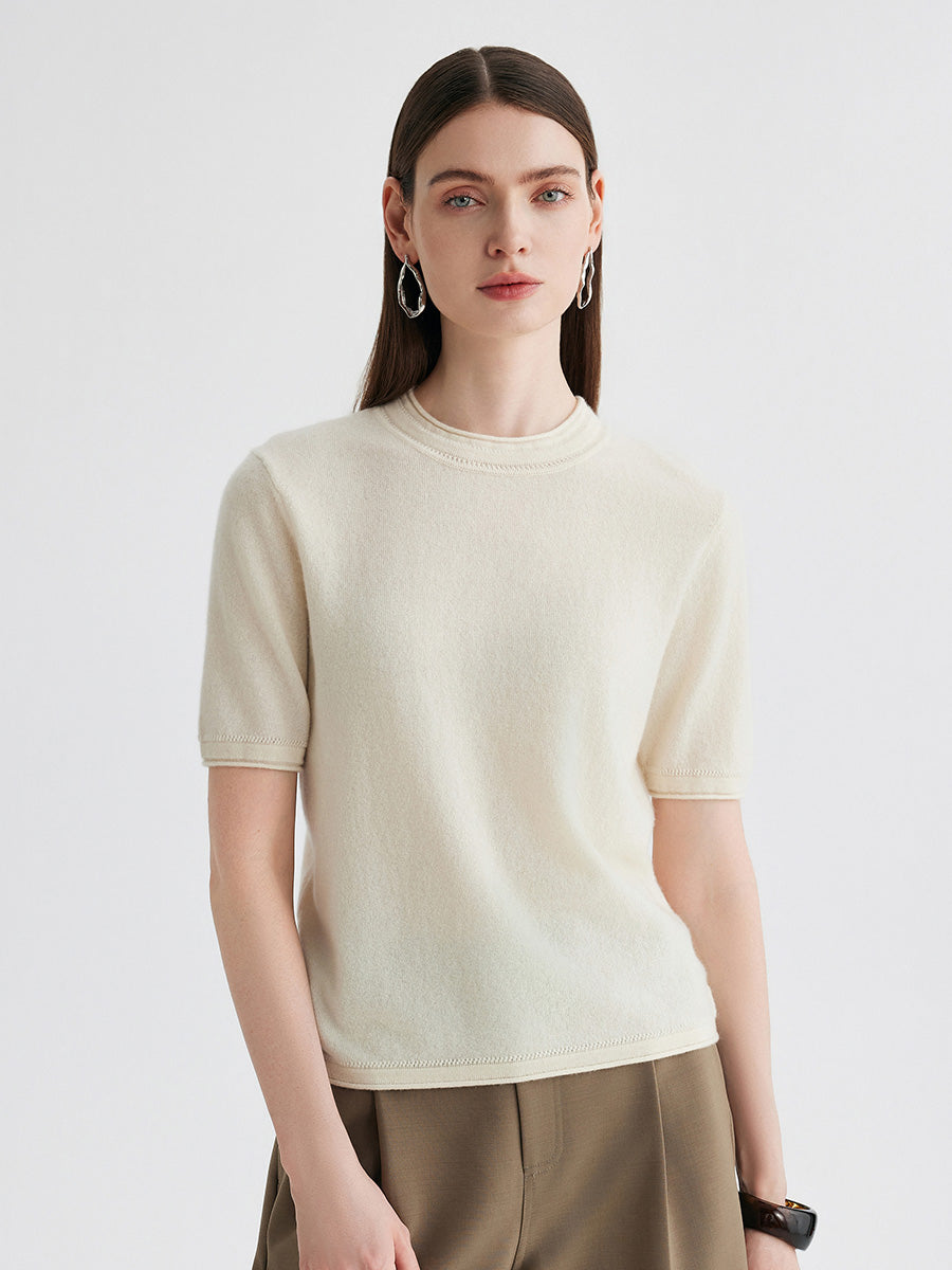 COMOBOCA Beige 100% Cashmere Women's Round Neck T-Shirt