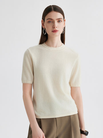 COMOBOCA Beige 100% Cashmere Women's Round Neck T-Shirt