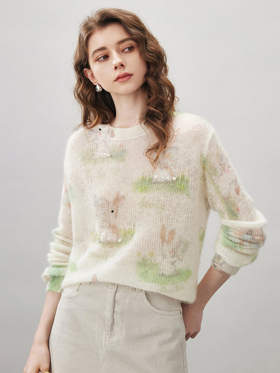 COMOBOCA Floral Women's Bunny Printed Round Neck Sweater