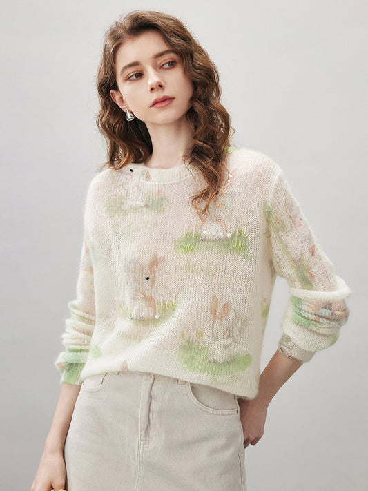 COMOBOCA Floral Women's Bunny Printed Round Neck Sweater