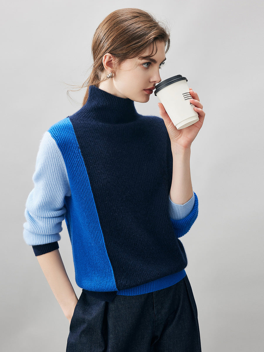 100% Cashmere Women's Color Block Turtleneck Sweater – COMOBOCA