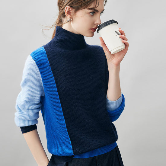 COMOBOCA 100% Cashmere Women's Color Block Turtleneck Sweater