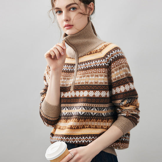 COMOBOCA 100% Cashmere Women's Fair Isle Half Zip Sweater