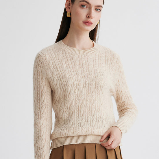 COMOBOCA Beige 100% Cashmere Women's Cable Round Neck Knit Sweater