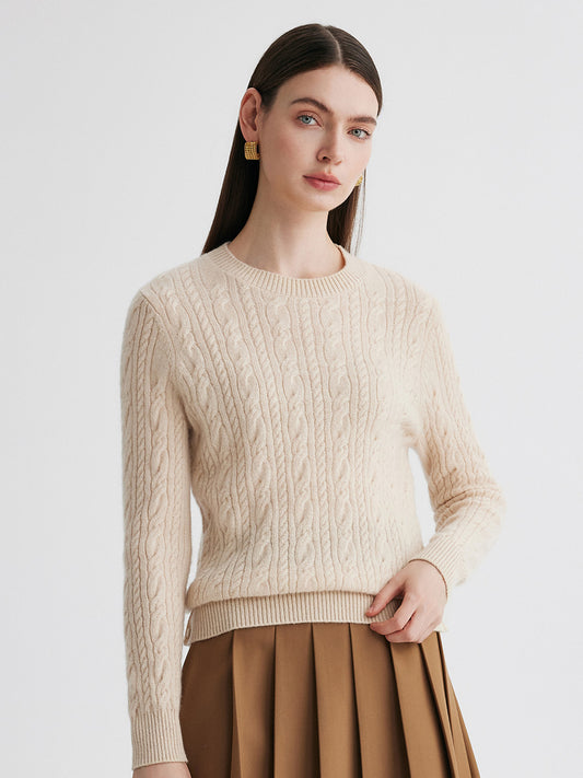 COMOBOCA Beige 100% Cashmere Women's Cable Round Neck Knit Sweater