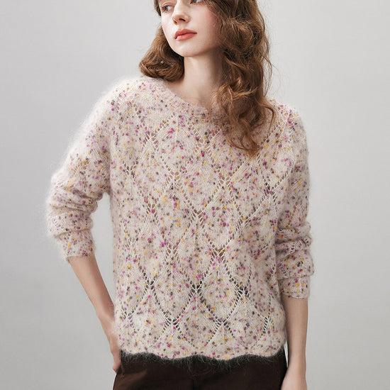 COMOBOCA Women's Speckled Lace Knit Round Neck Sweater