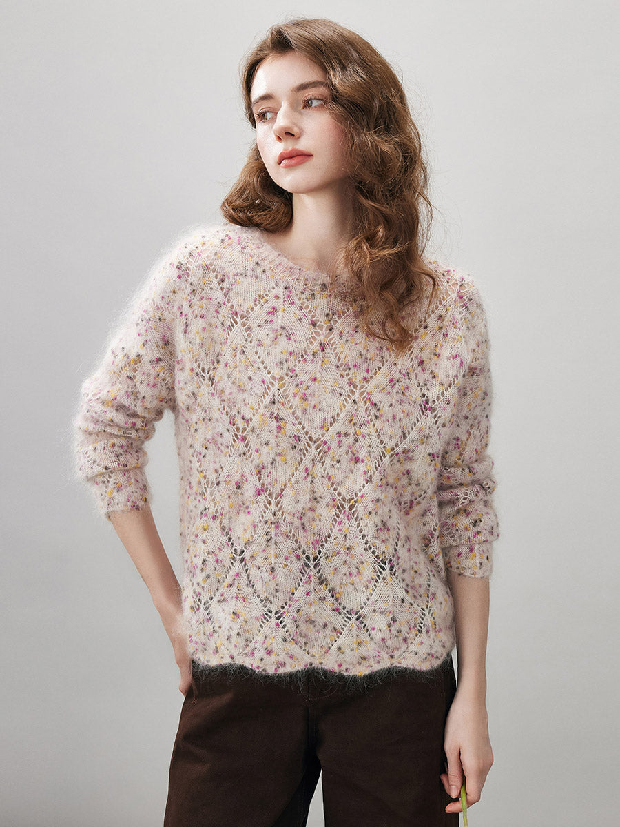 COMOBOCA Women's Speckled Lace Knit Round Neck Sweater