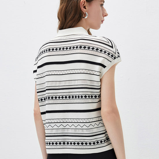 COMOBOCA Women's Geometric Stripe Polo Knit T-Shirt