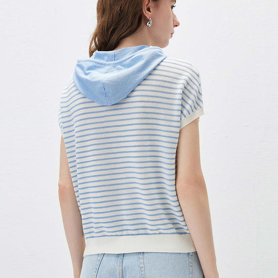 COMOBOCA Women's Striped Contrast Hooded Knit T-Shirt