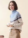 COMOBOCA 100% Cashmere Women's Mock Neck Fair Isle Cable Knit Sweater