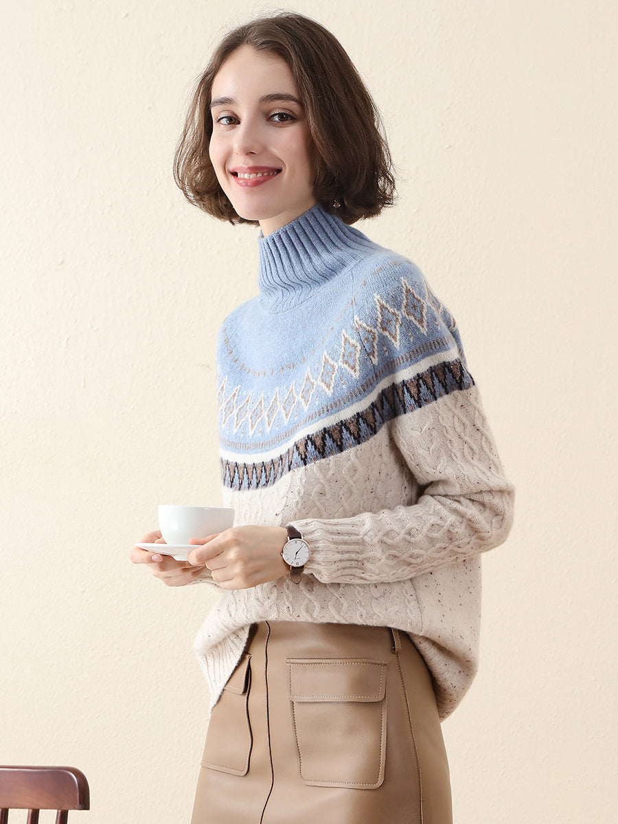 COMOBOCA 100% Cashmere Women's Mock Neck Fair Isle Cable Knit Sweater