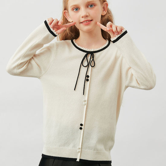 COMOBOCA 100% Wool Kids' Tie-Neck Contrast Trim Sweater