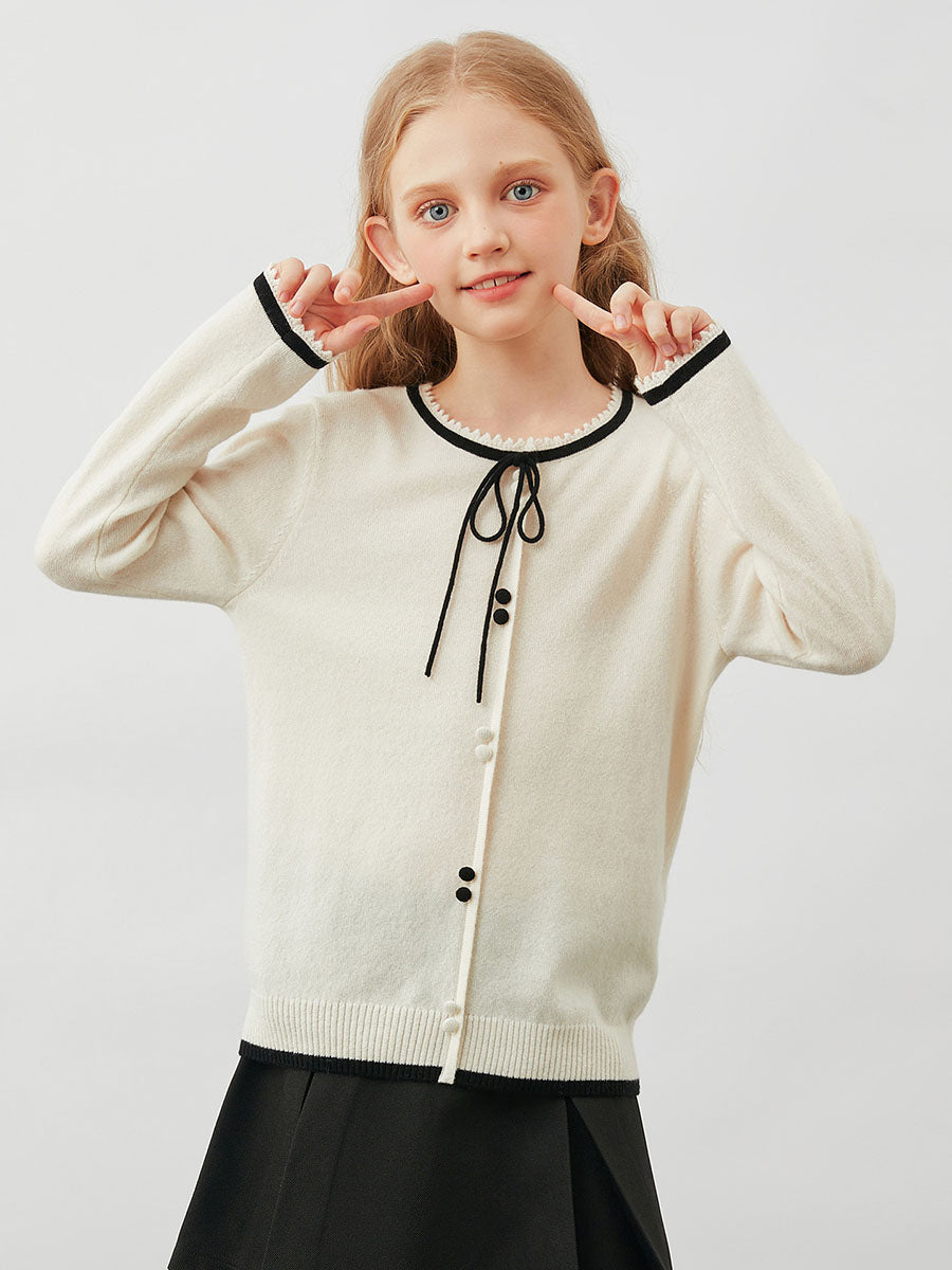 COMOBOCA 100% Wool Kids' Tie-Neck Contrast Trim Sweater