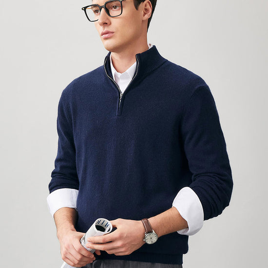 COMOBOCA 100% Cashmere Men's Half Zip Mock Neck Sweater