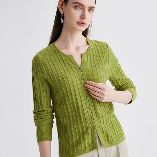 COMOBOCA 100% Cashmere Women's Ribbed Faux Knit Cardigan Sweater