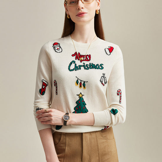 COMOBOCA Cloudy 100% Cashmere Women's Christmas Embroidered Knit Sweater