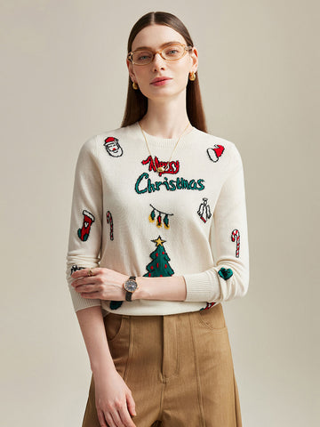 COMOBOCA Cloudy 100% Cashmere Women's Christmas Embroidered Knit Sweater
