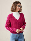 COMOBOCA Rosy 100% Cashmere Women's Cable Knit V-Neck Sweater