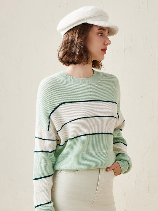 COMOBOCA Light Green 100% Cashmere Women's Striped Crewneck Sweater
