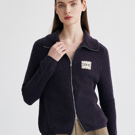 COMOBOCA 100% Cashmere Women's Ribbed Collared Zip Up Cardigan