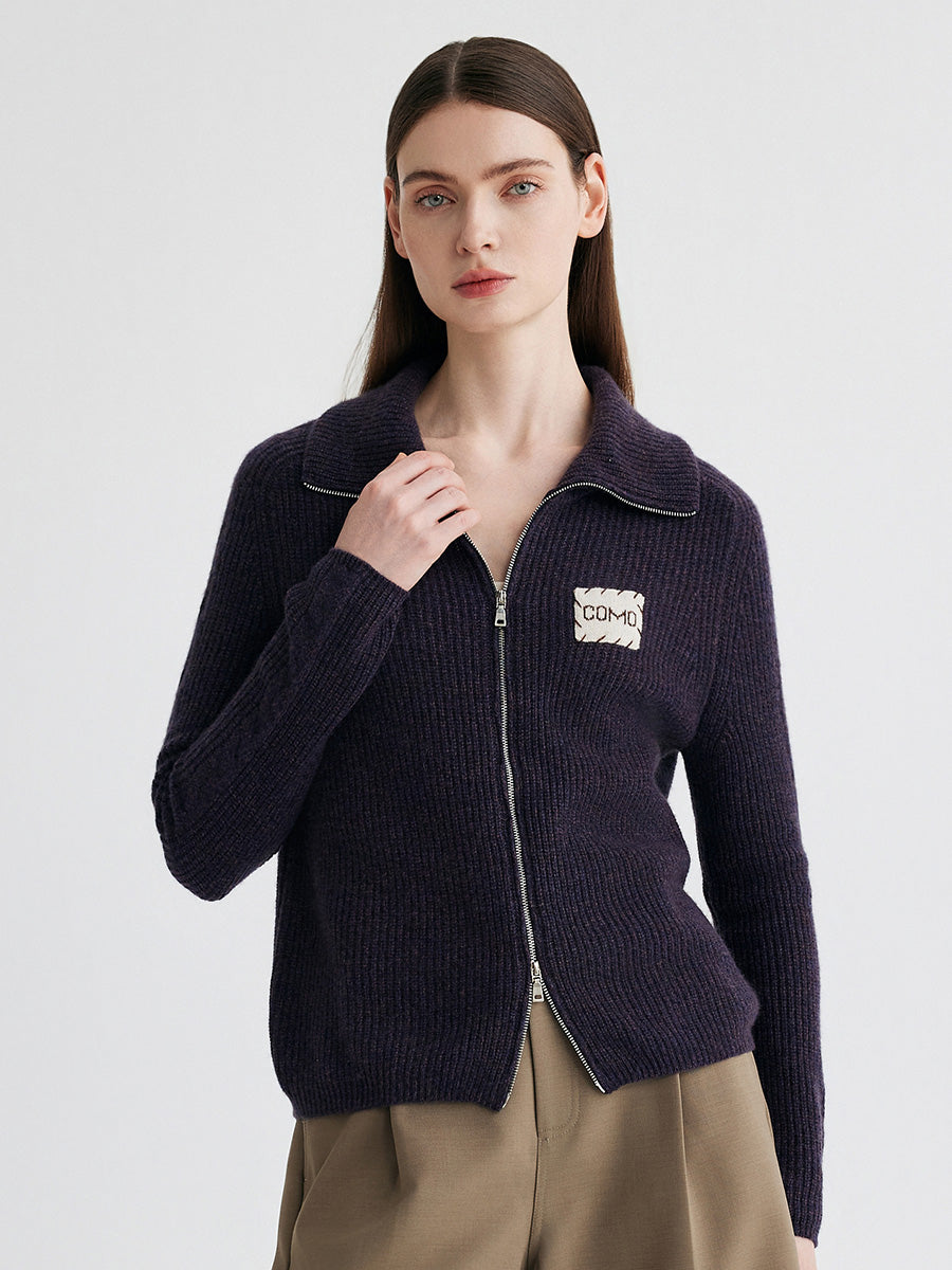 COMOBOCA 100% Cashmere Women's Ribbed Collared Zip Up Cardigan