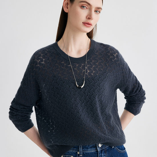 COMOBOCA 100% Cashmere Women's Openwork Round Neck Knit Sweater