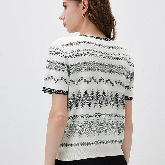COMOBOCA Women's Fair Isle Geometric Stripe Knit T-Shirt