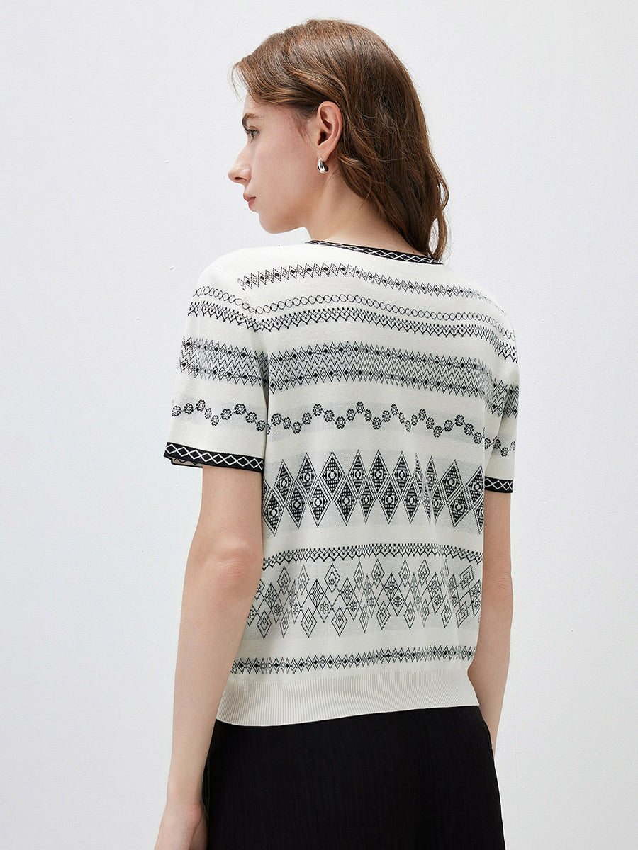 COMOBOCA Women's Fair Isle Geometric Stripe Knit T-Shirt