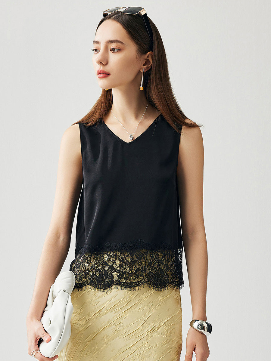 COMOBOCA Women's Chic Lace-Trimmed V-Neck Tank Top