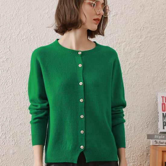 COMOBOCA 100% Wool Women's Round Neck Cardigan Sweater