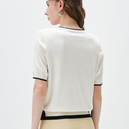 COMOBOCA Women's Panda Motif Contrast Trim Knit T-Shirt