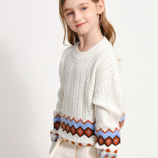 COMOBOCA 100% Wool Kids' Round Neck Striped Cable Knit Sweater