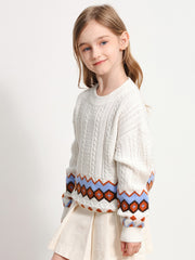 COMOBOCA 100% Wool Kids' Round Neck Striped Cable Knit Sweater