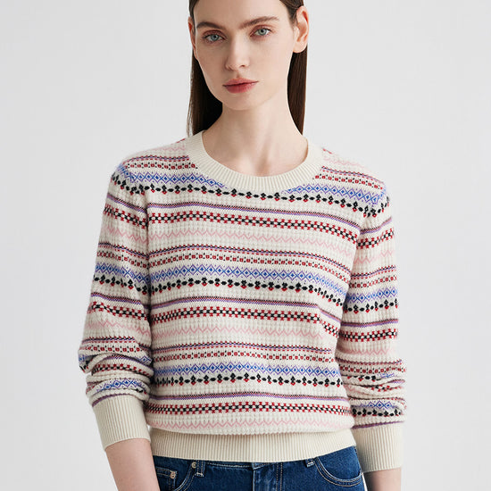 COMOBOCA Beige 100% Cashmere Women's Fair Isle Round Neck Sweater