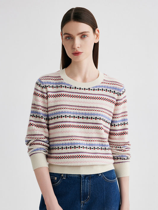 COMOBOCA Beige 100% Cashmere Women's Fair Isle Round Neck Sweater