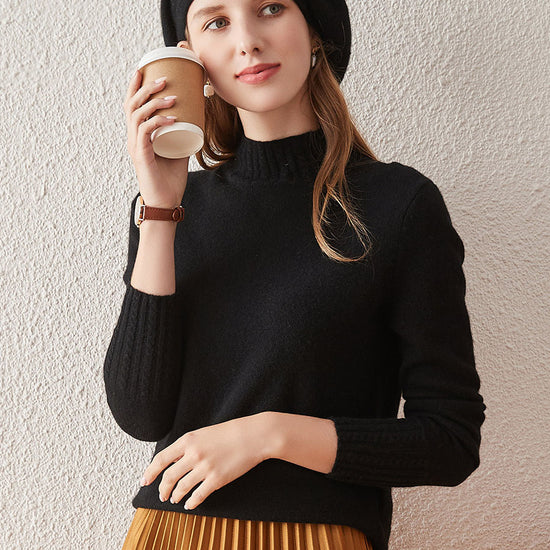 COMOBOCA BLACK 100% Cashmere Women's Mock Neck Knit Sweater