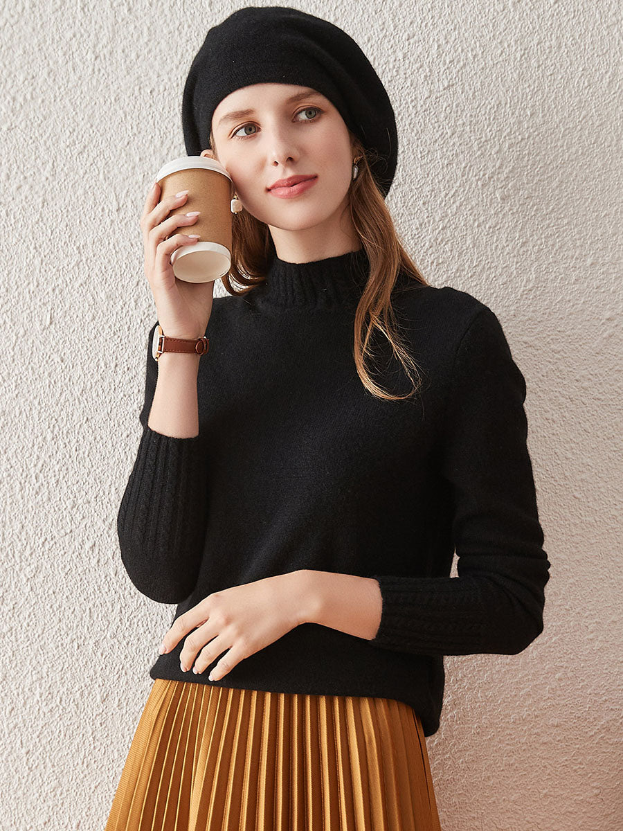 COMOBOCA BLACK 100% Cashmere Women's Mock Neck Knit Sweater