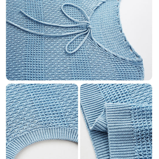 COMOBOCA Women's Tie-Neck Textured Knit Cap Sleeve Top