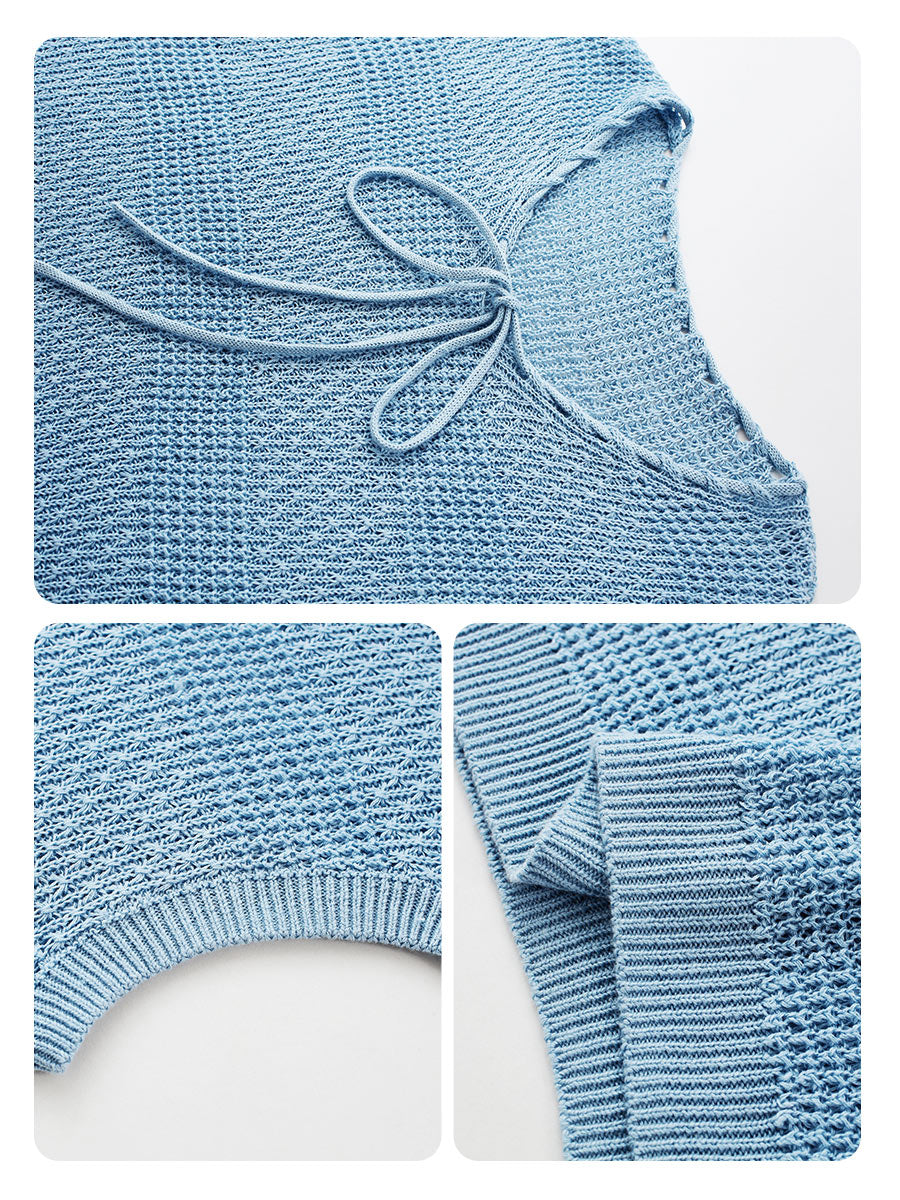 COMOBOCA Women's Tie-Neck Textured Knit Cap Sleeve Top