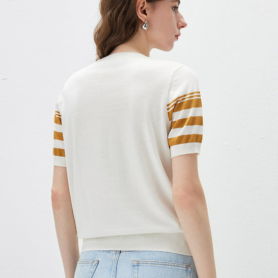 COMOBOCA Women's Contrast Stripe Knit T-Shirt