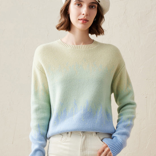 COMOBOCA Blue 100% Cashmere Women's Ombre Gradient Color Knit Sweater