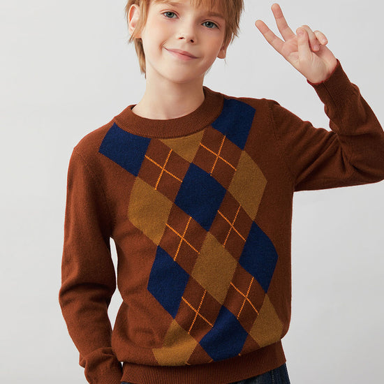 COMOBOCA Brown 100% Wool Kids' Argyle Pattern Round Neck Sweater