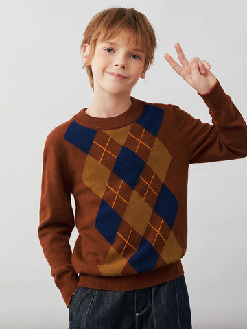 COMOBOCA Brown 100% Wool Kids' Argyle Pattern Round Neck Sweater
