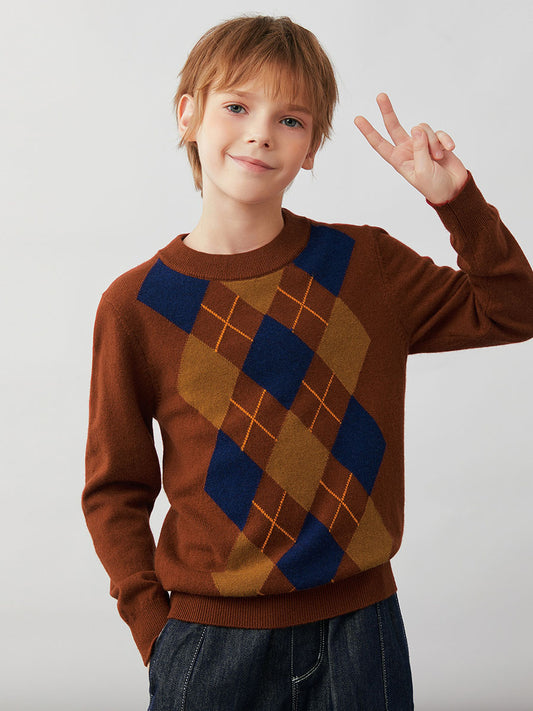 COMOBOCA Brown 100% Wool Kids' Argyle Pattern Round Neck Sweater