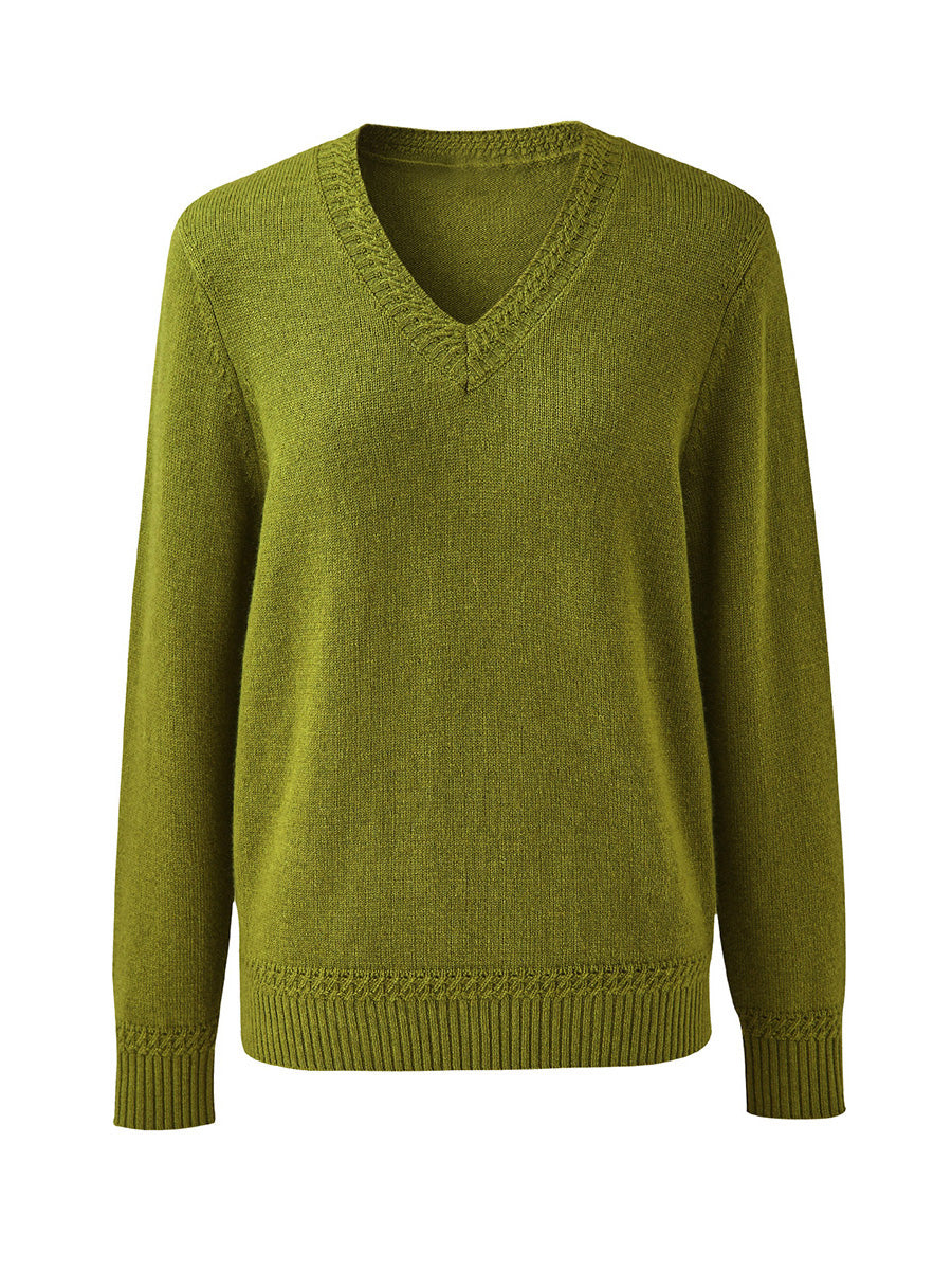 100% Wool Women's V-Neck Ribbed Knit Sweater – COMOBOCA