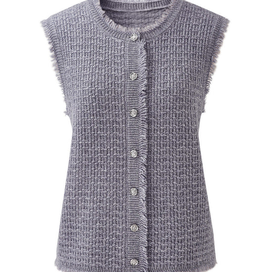 COMOBOCA 100% Wool Women's Button Down Frayed Hem Knit Vest